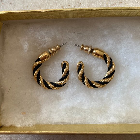 Jewelry - Gold & Black Twist Pierced Hoop Earrings Vintage NWOT